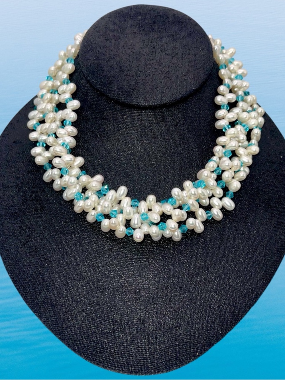 Estate Genuine Freshwater Keshi Pearls Blue Crystal Multi Strand Choker Necklace